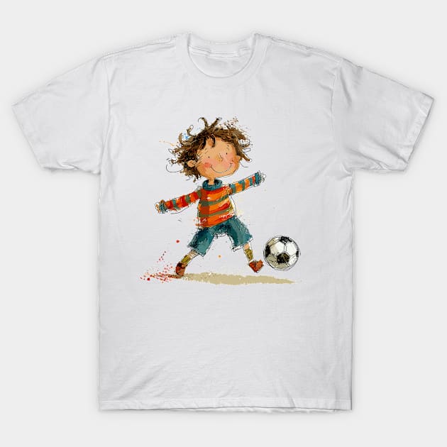 Little Boy Playing Soccer T-Shirt by erzebeth